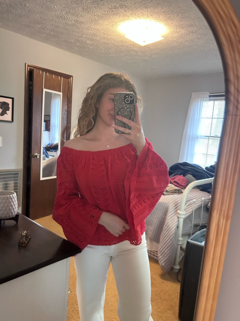 Express Red Off-Shoulder Eyelet Blouse